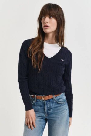 Stretch Cotton Cable Knit V-Neck Sweater