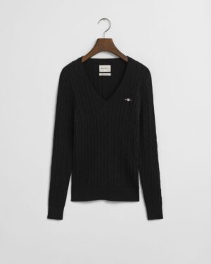 Stretch Cotton Cable Knit V-Neck Sweater