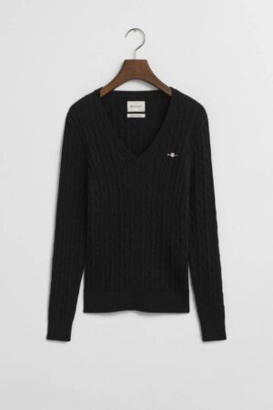 Stretch Cotton Cable Knit V-Neck Sweater