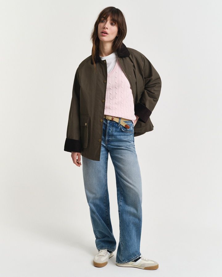 Stretch Cotton Cable Knit V-Neck Sweater