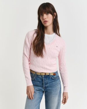 Stretch Cotton Cable Knit V-Neck Sweater