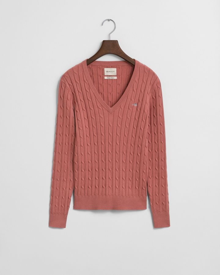 Stretch Cotton Cable Knit V-Neck Sweater