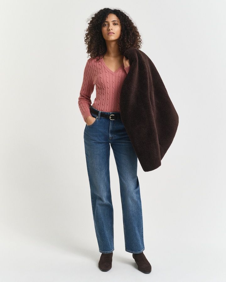 Stretch Cotton Cable Knit V-Neck Sweater