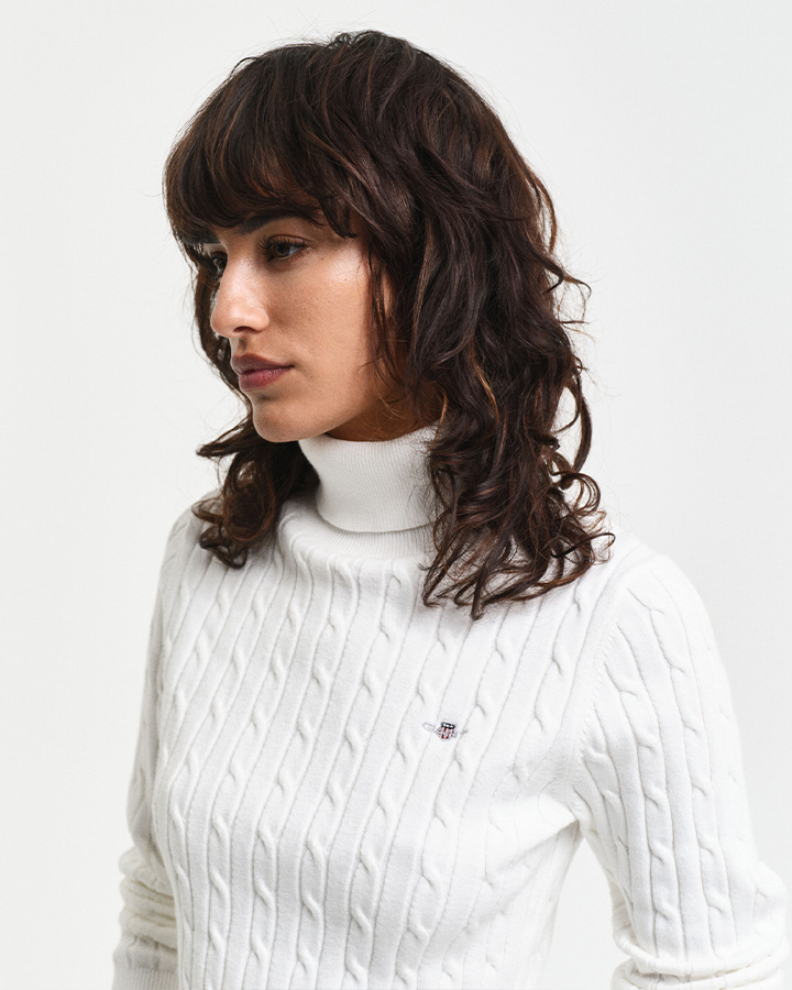 Stretch Cotton Cable Knit Turtleneck Sweater