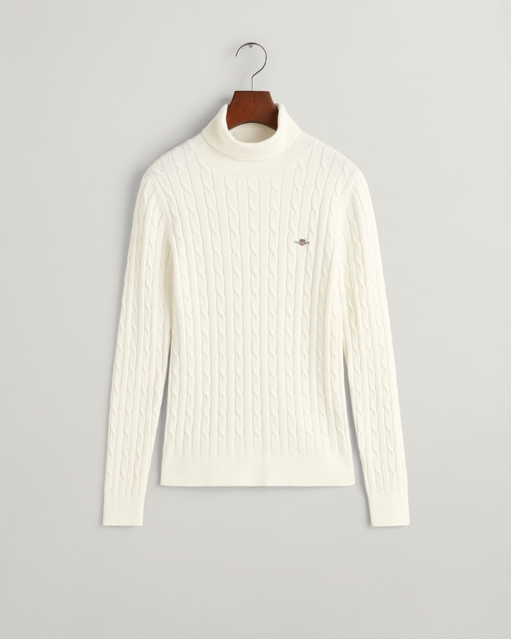 Stretch Cotton Cable Knit Turtleneck Sweater
