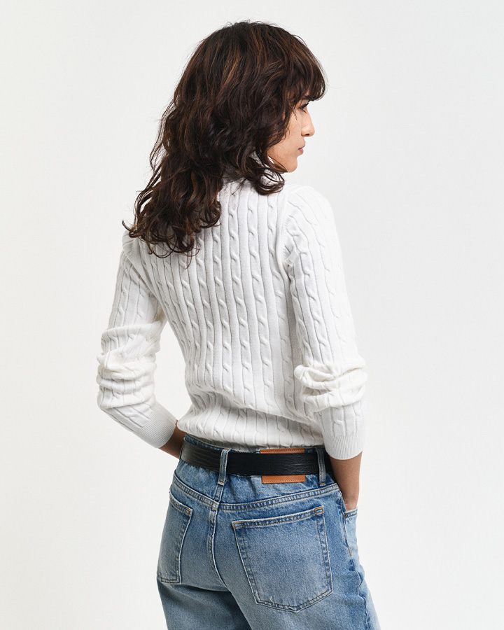 Stretch Cotton Cable Knit Turtleneck Sweater