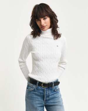 Stretch Cotton Cable Knit Turtleneck Sweater