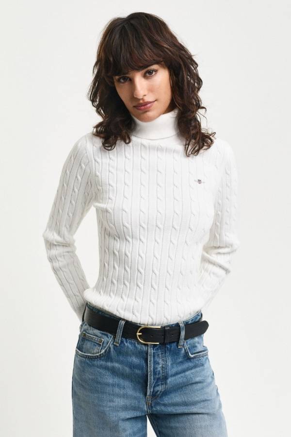 Stretch Cotton Cable Knit Turtleneck Sweater