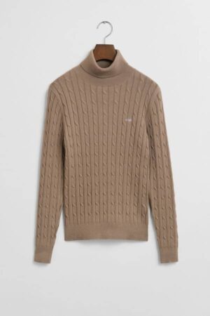 Stretch Cotton Cable Knit Turtleneck Sweater