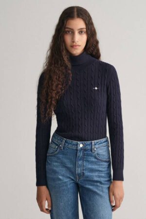 Stretch Cotton Cable Knit Turtleneck Sweater