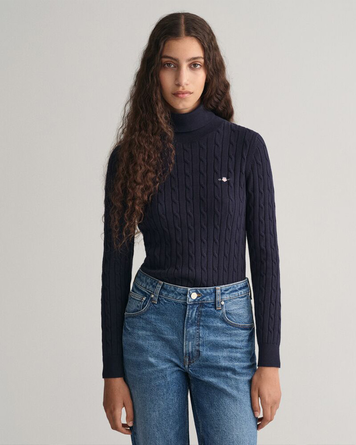 Stretch Cotton Cable Knit Turtleneck Sweater