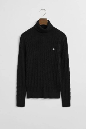 Stretch Cotton Cable Knit Turtleneck Sweater