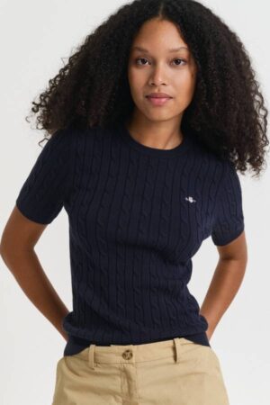 Stretch Cotton Cable Knit Short Sleeve Sweater