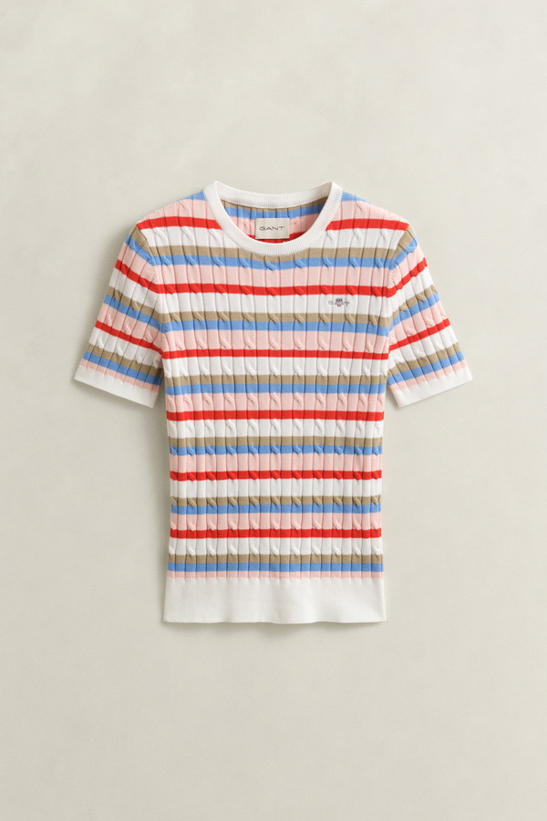 Striped Cable Knit Short Sleeve Sweater