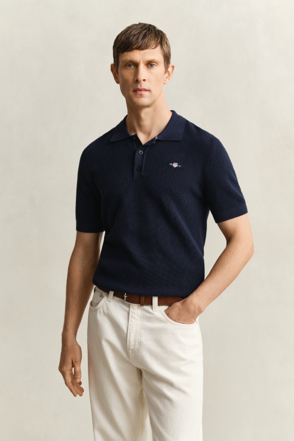 Textured Cotton Polo Sweater