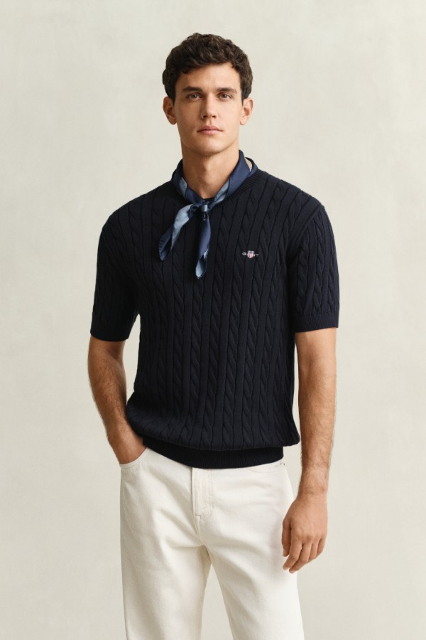 Cotton Cable Knit Short Sleeve Sweater